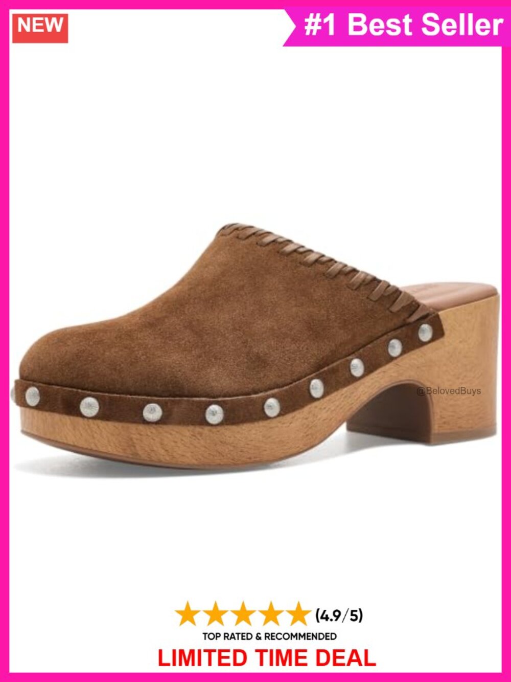 Suede Studded Block Heel Mules Sculpted Wooden Platform Clogs